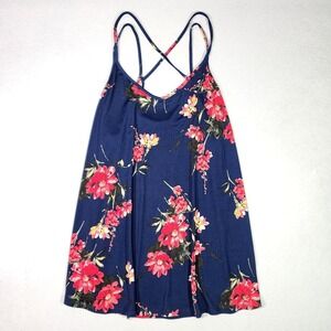 PAPERMOON Strappy Tank Top 2XL Navy Blue with Red Yellow White Floral Flowy Soft